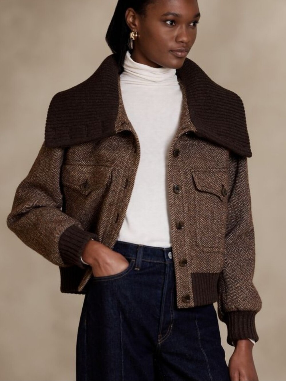 BANANA REPUBLIC Women Ava Tweed Brown Herringbone Wool Blend Bomber Jacket XS - Picture 9 of 9